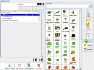 Okno sprzedaży w programie PC-POS 7. Rozmieszczenie i układ okna w pełni definiowalny, np. towary na dole, rachunek na górze, więża lub szersza kolumna, itp.